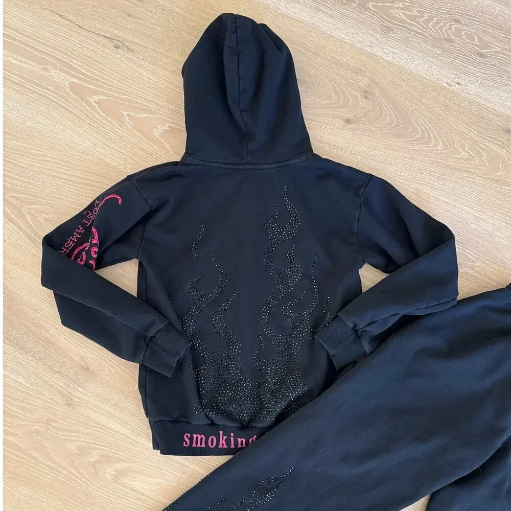 Ed Hardy x MGK Flames Rhinestone Hoodie and Sweatpants Size S in Black